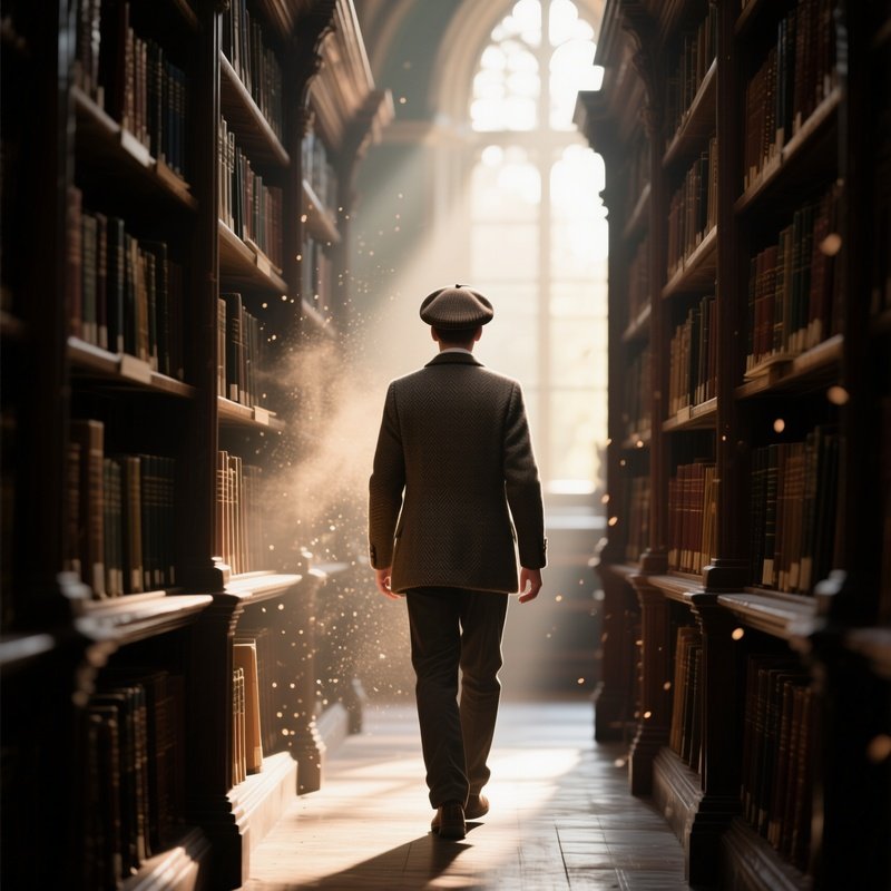 A Librarian In A Tweed Flat Cap Walks Between Towering Bookshelves In An Old Library, Dust Motes