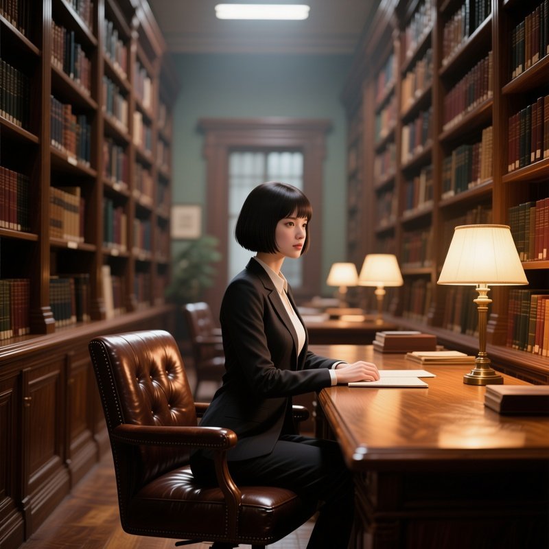 A Librarian With Neat Bob Cut Sits At An Oak Desk Surrounded By Towering Bookshelves, Soft