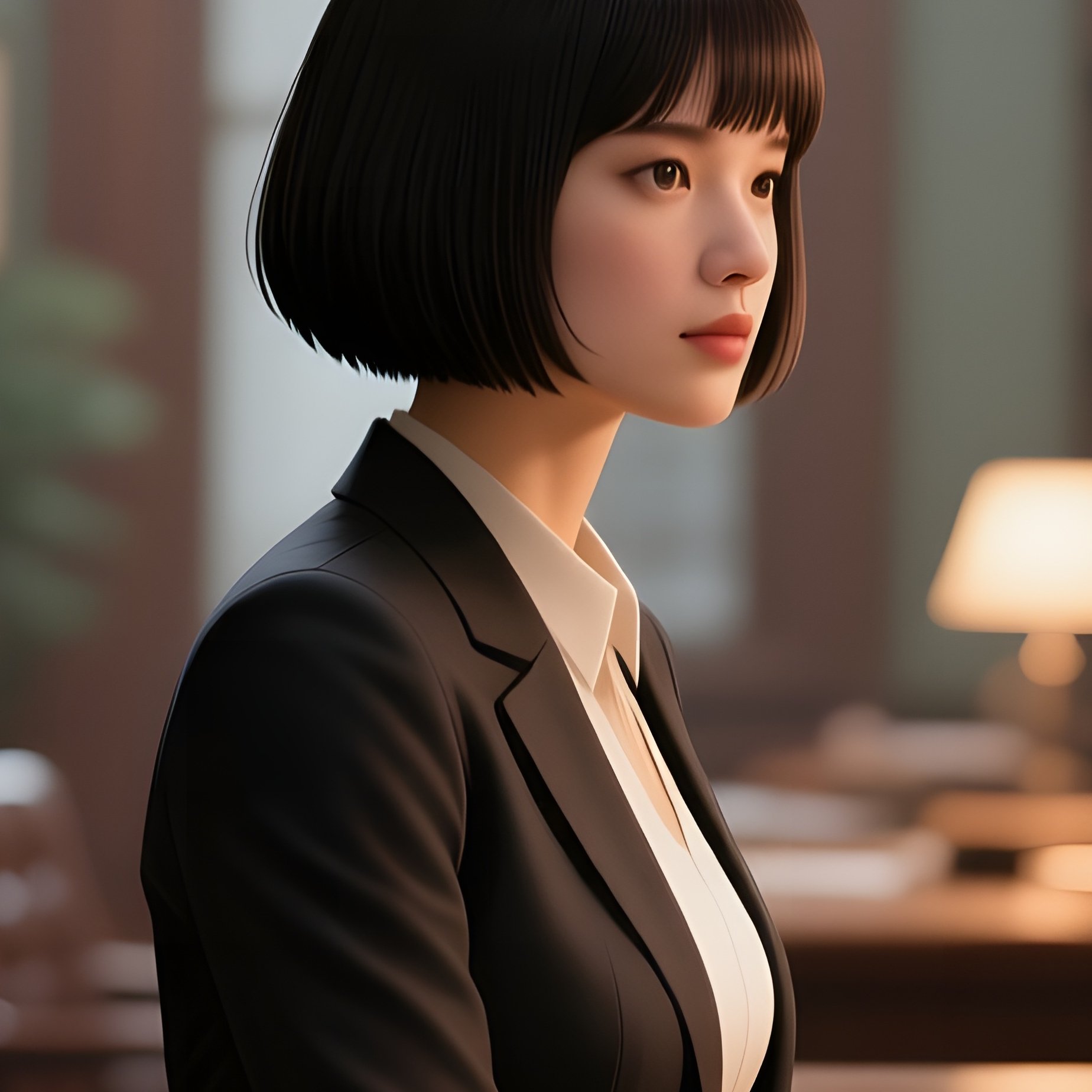 A Librarian With Neat Bob Cut Sits At An Oak Desk Surrounded By Towering Bookshelves, Soft - Full Resolution Quality Preview