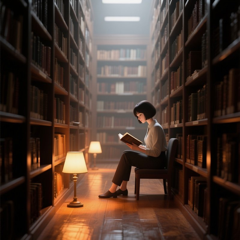 A Librarian With Short Hair Reads In A Quiet Alcove Surrounded By Towering Shelves, Soft Lamplight