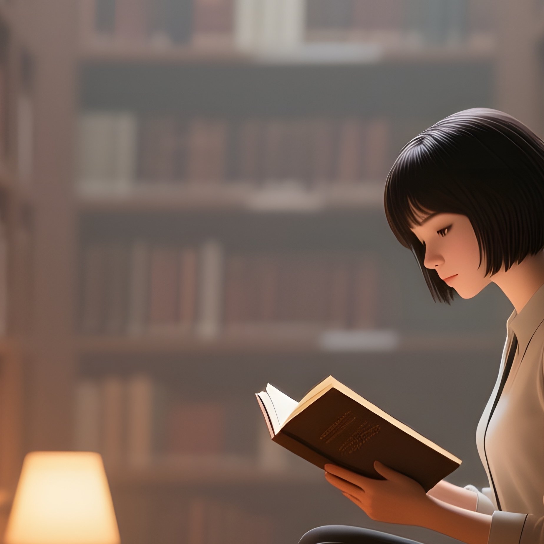 A Librarian With Short Hair Reads In A Quiet Alcove Surrounded By Towering Shelves, Soft Lamplight - Full Resolution Quality Preview
