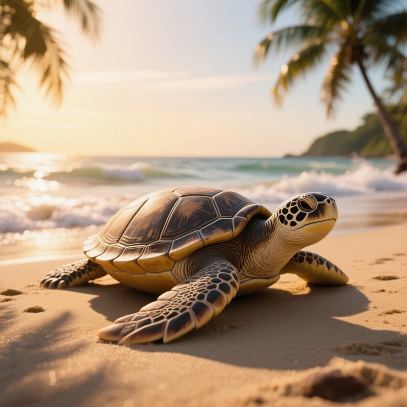 A Life‑Size Clay Turtle Sunbathing On A Tropical Beach At Golden Hour, Palm Shadows Stretching