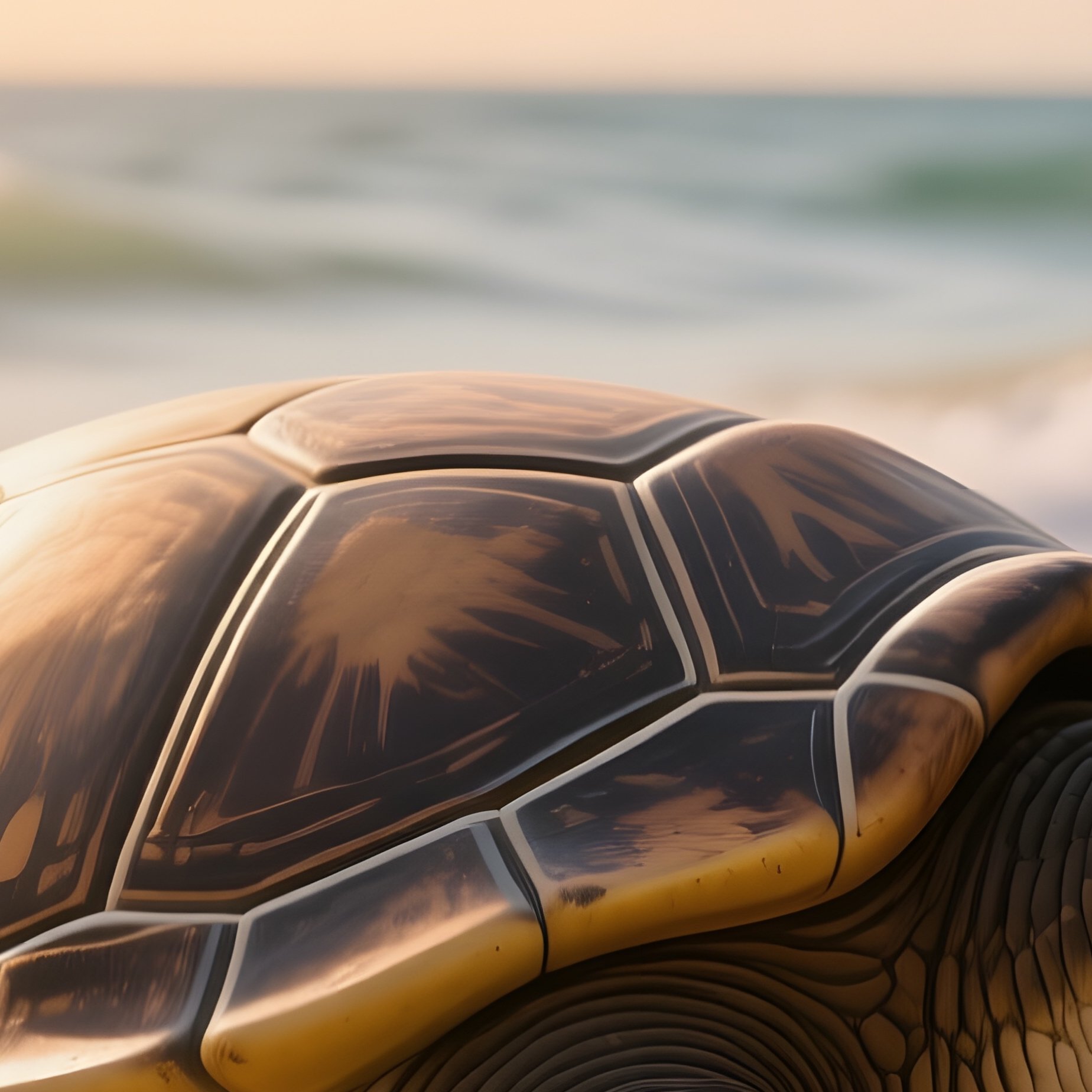 A Life‑Size Clay Turtle Sunbathing On A Tropical Beach At Golden Hour, Palm Shadows Stretching - Full Resolution Quality Preview