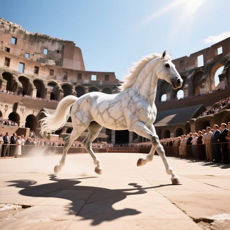 A Life‑Size Marble Horse Galloping Across An Ancient Roman Coliseum Floor Under Bright Midday Sun,