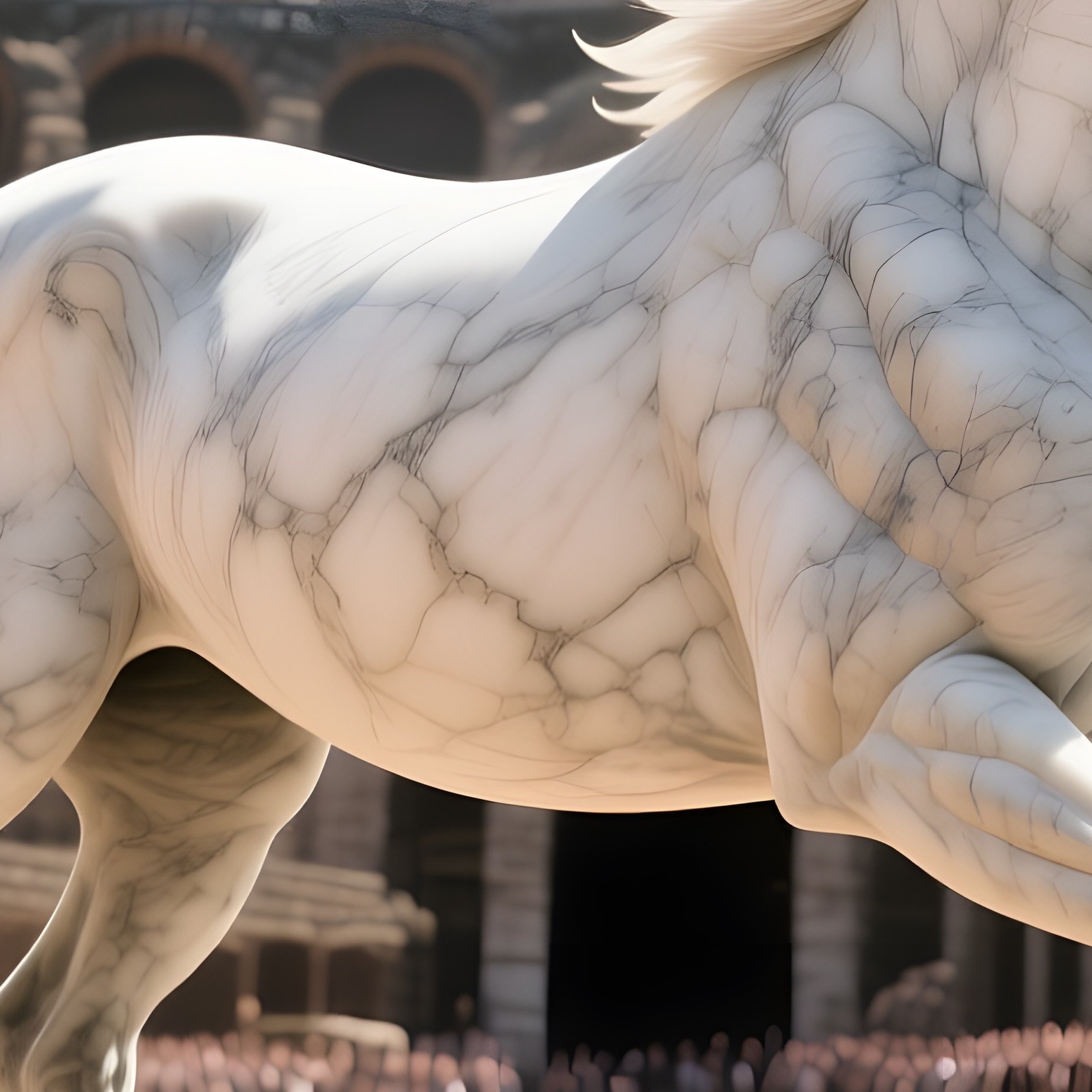 A Life‑Size Marble Horse Galloping Across An Ancient Roman Coliseum Floor Under Bright Midday Sun, - Full Resolution Quality Preview