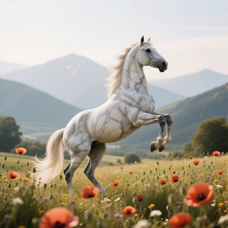A Life‑Size Marble Horse Rearing In A Sunlit Meadow Dotted With Wild Poppies, Distant Mountains