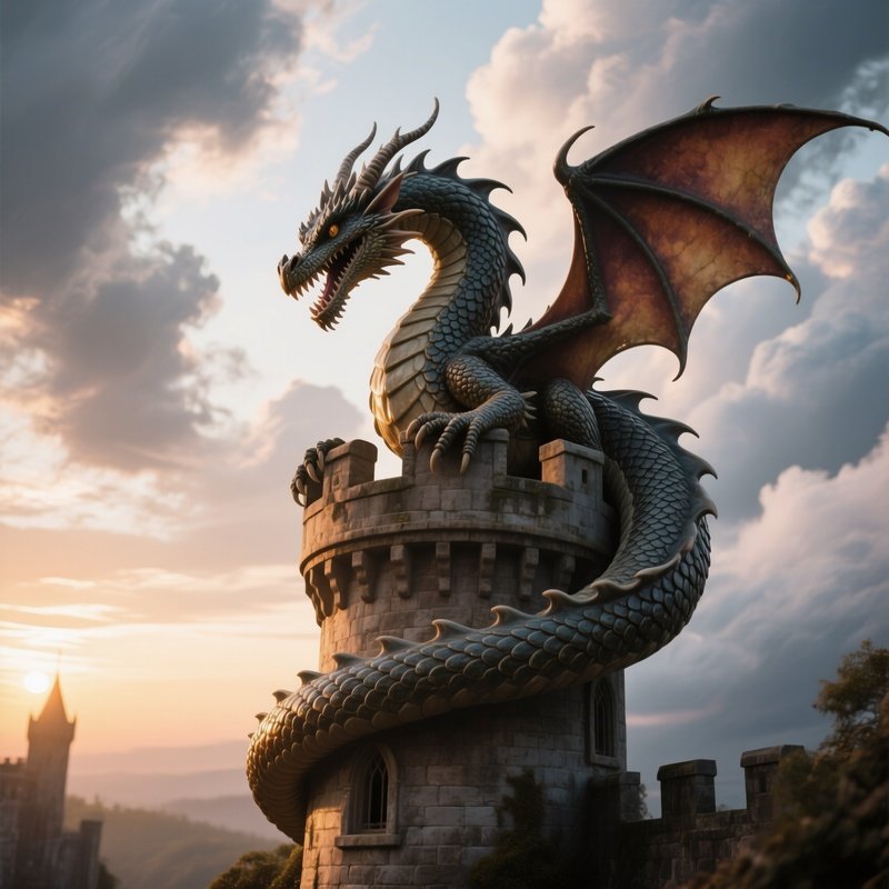 A Life‑Size Resin Dragon Coiled Around A Medieval Castle Turret At Sunrise, Scales Catching First