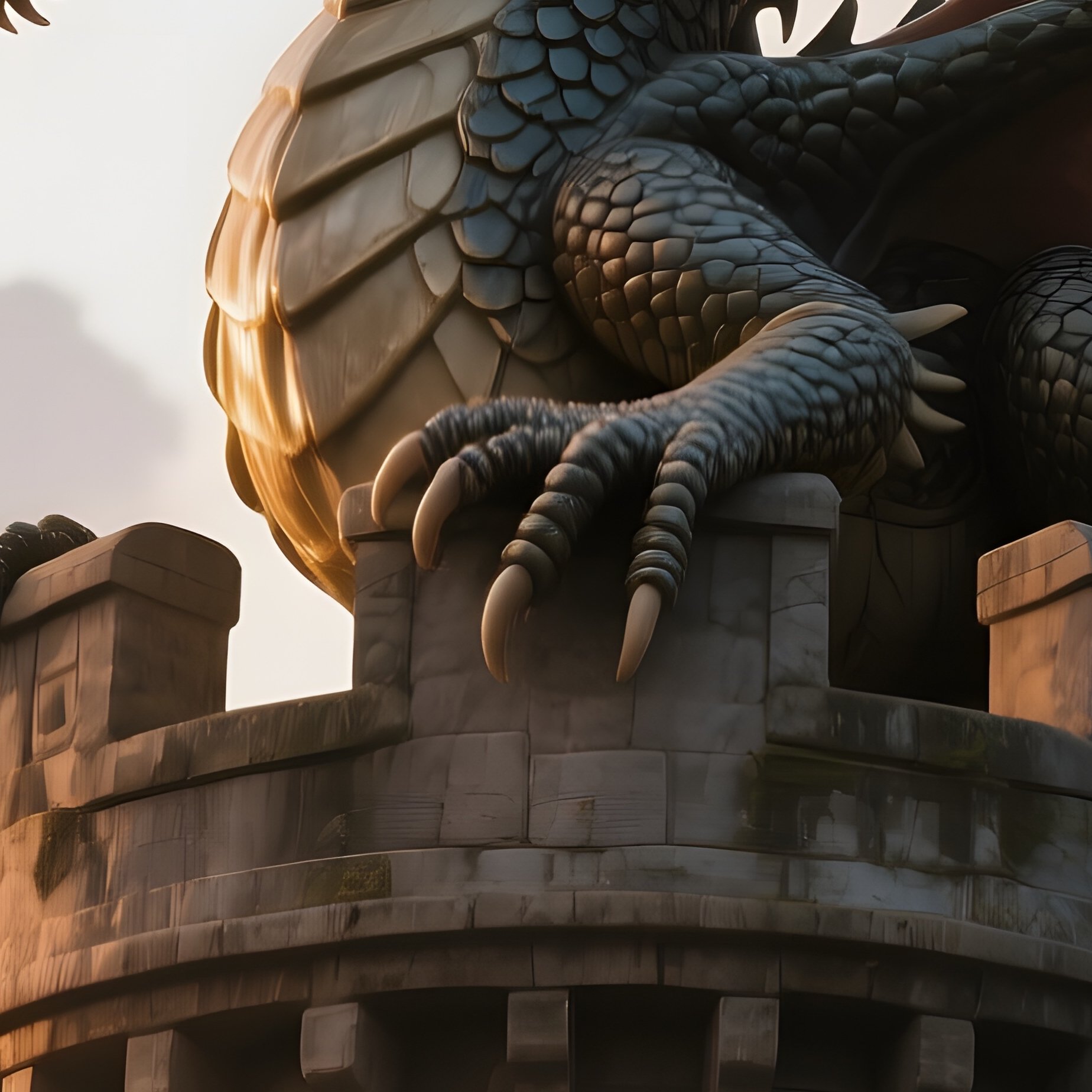 A Life‑Size Resin Dragon Coiled Around A Medieval Castle Turret At Sunrise, Scales Catching First - Full Resolution Quality Preview