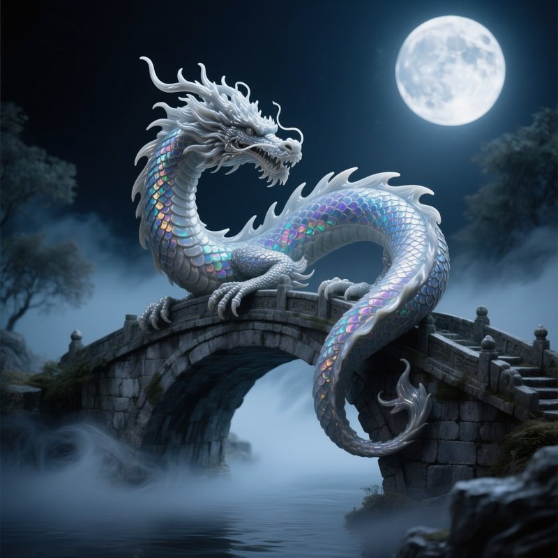 A Life Size Resin Dragon Curling Around An Ancient Stone Bridge At Night Moonlight Illuminating Its