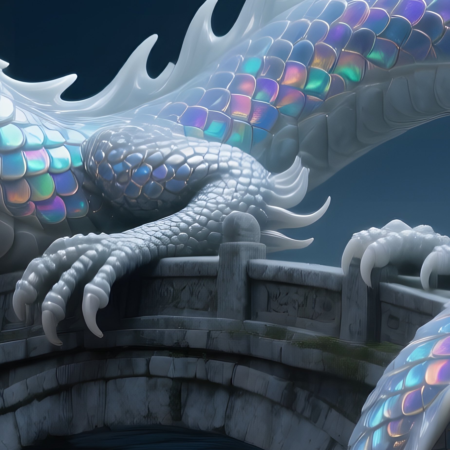 A Life Size Resin Dragon Curling Around An Ancient Stone Bridge At Night Moonlight Illuminating Its - Full Resolution Quality Preview