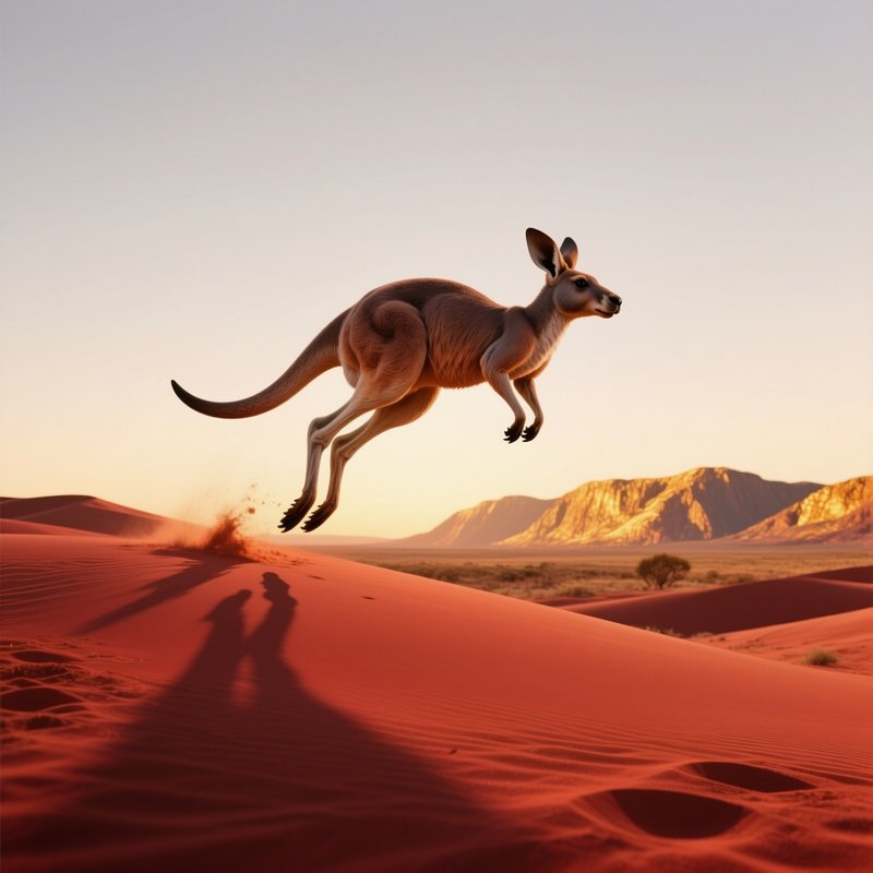 A Life‑Size Resin Kangaroo Mid‑Jump Across A Red Sand Dune At Sunrise, Long Shadows Stretching