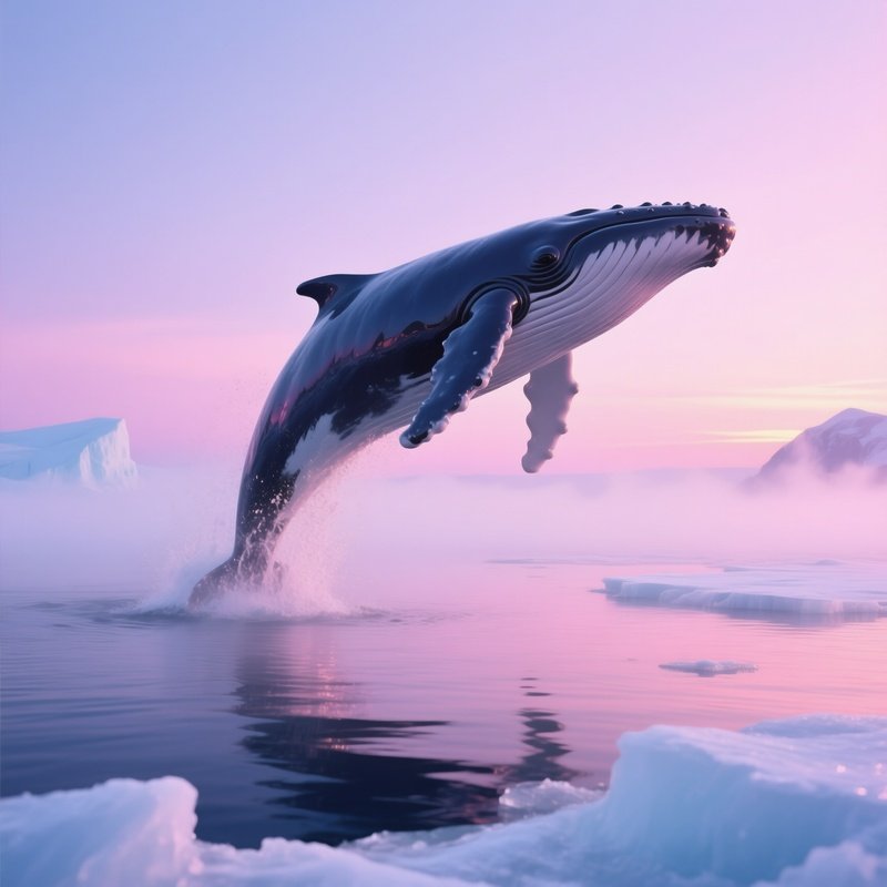 A Life Size Resin Whale Breaching Above A Calm Arctic Sea At Sunrise