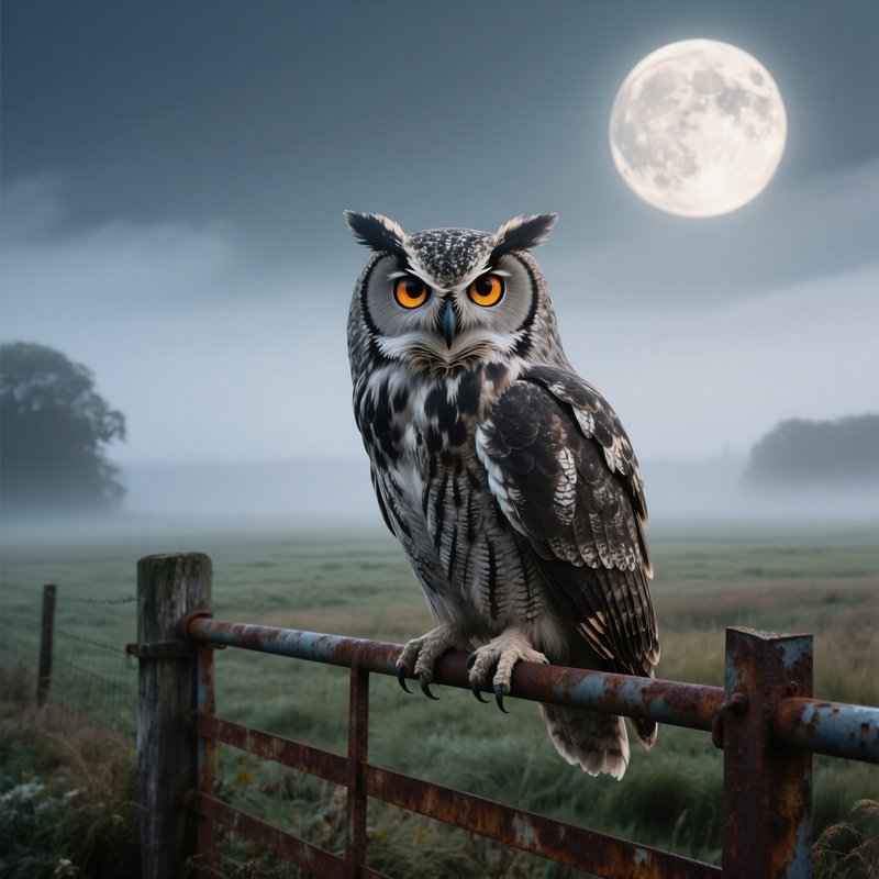 A Life‑Size Stone Owl Perched On A Rusted Metal Fence Under A Full Moon, Owl’S Eyes Glowing Amber,