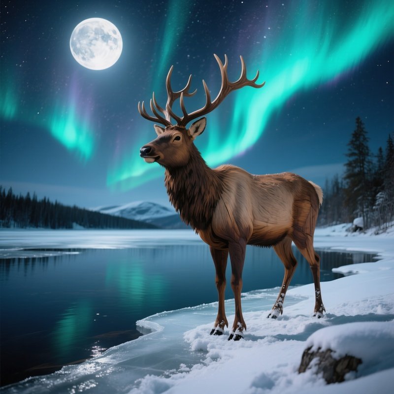 A Life‑Size Wooden Elk Standing Beside A Frozen Lake Under A Full Moon, Northern Lights Dancing