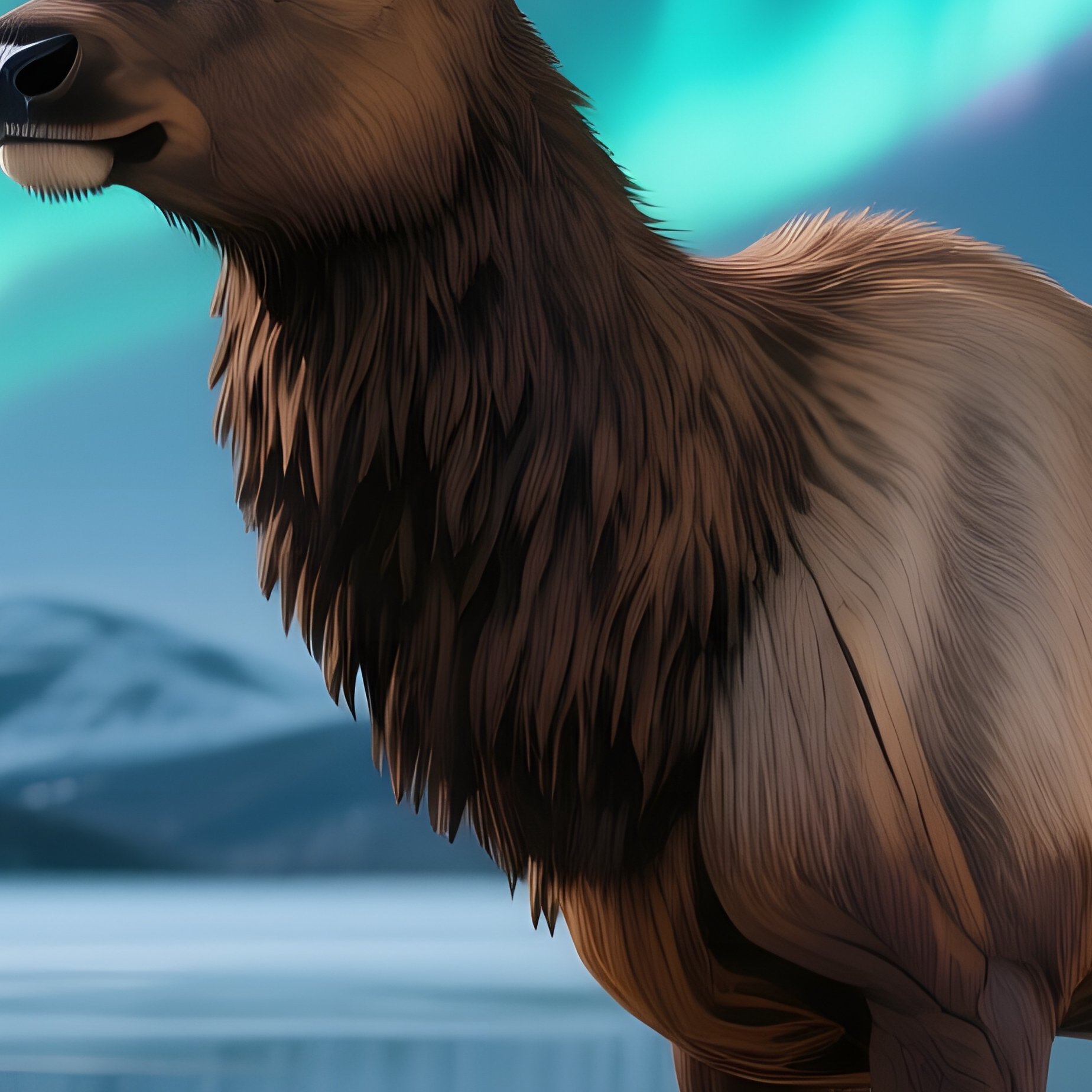 A Life‑Size Wooden Elk Standing Beside A Frozen Lake Under A Full Moon, Northern Lights Dancing - Full Resolution Quality Preview