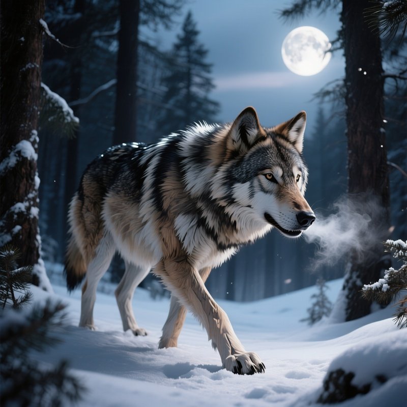 A Life‑Size Wooden Wolf Prowling Through A Snowy Pine Forest At Twilight, Breath Visible, Moonlight