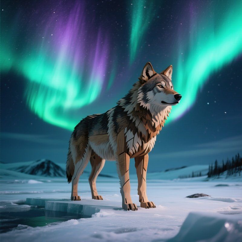 A Life‑Size Wooden Wolf Standing On An Icy Tundra Under A Pale Aurora Borealis, Northern Lights