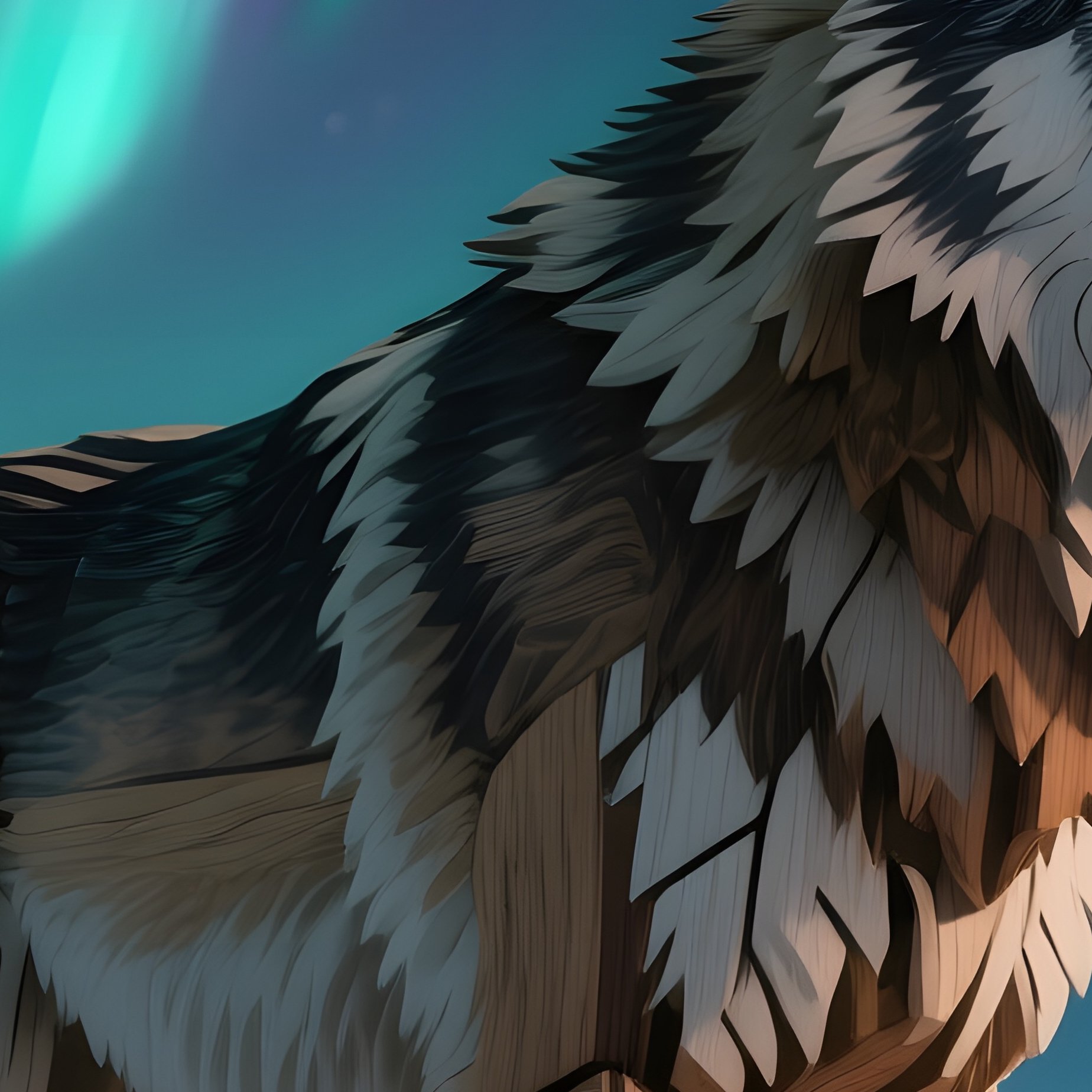 A Life‑Size Wooden Wolf Standing On An Icy Tundra Under A Pale Aurora Borealis, Northern Lights - Full Resolution Quality Preview
