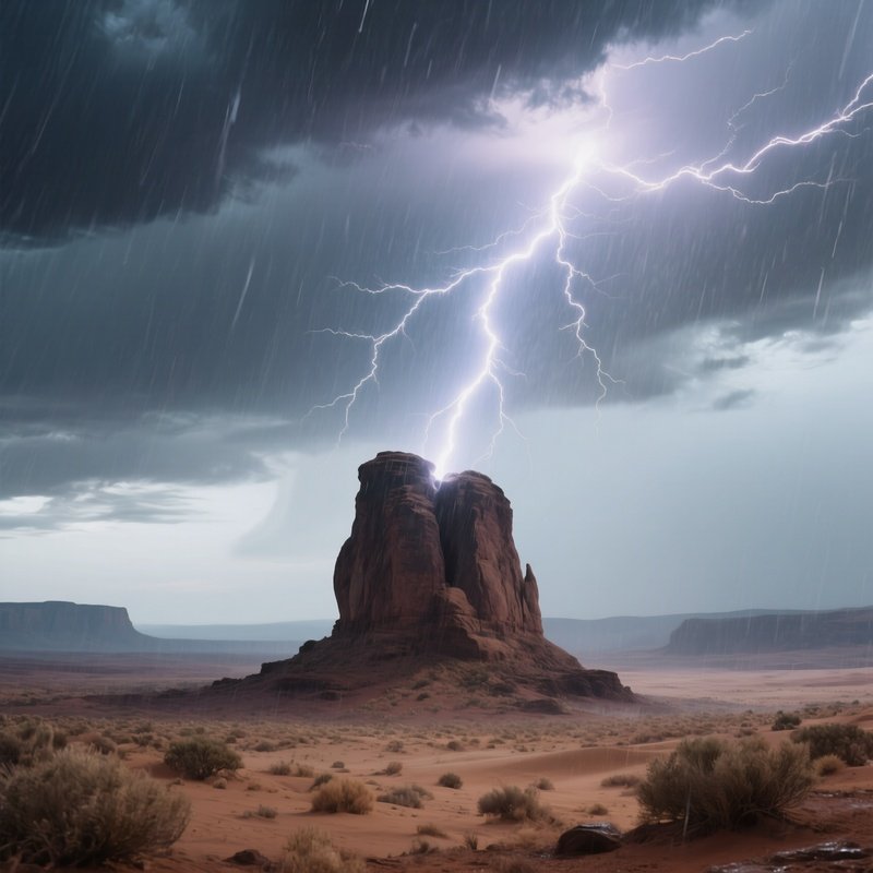 A Lightning Bolt Striking A Lone Desert Rock Formation Under Heavy Rain.