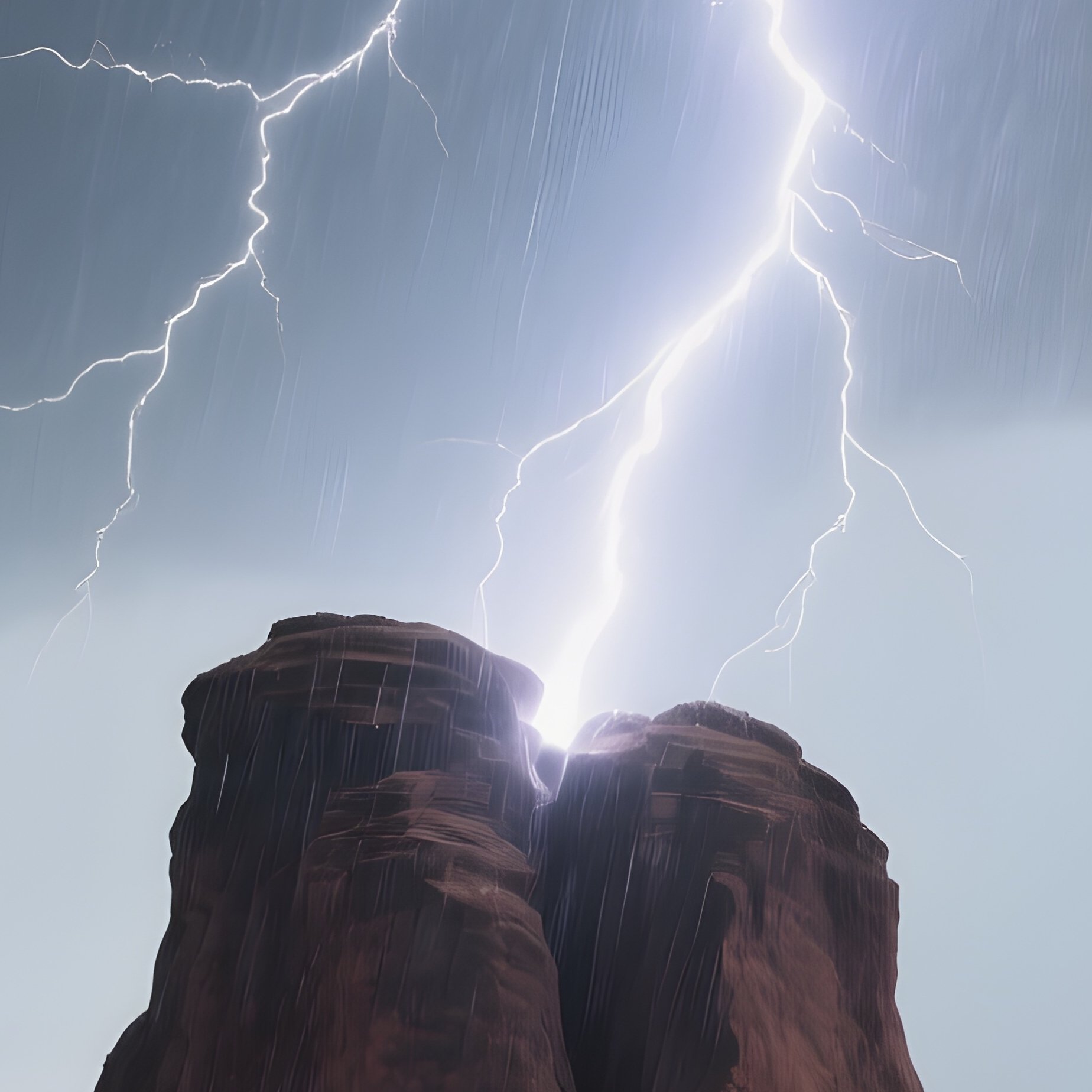 A Lightning Bolt Striking A Lone Desert Rock Formation Under Heavy Rain. - Full Resolution Quality Preview