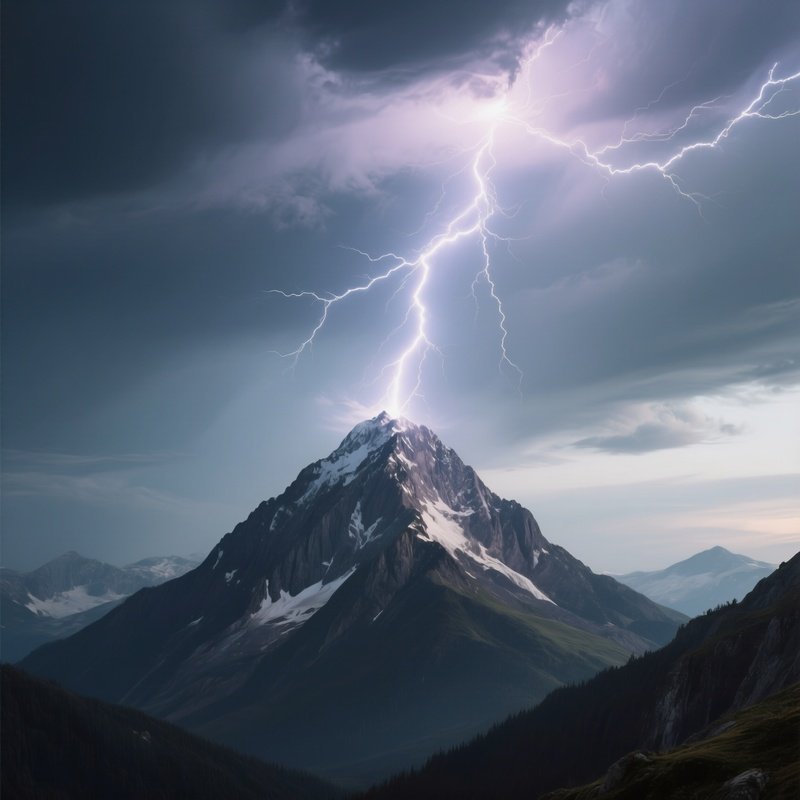 A Lightning Bolt Striking A Lone Mountain Peak.