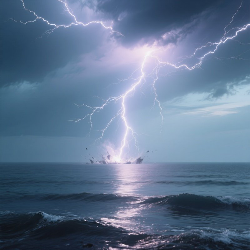 A Lightning Strike Hitting The Surface Of A Calm Ocean.