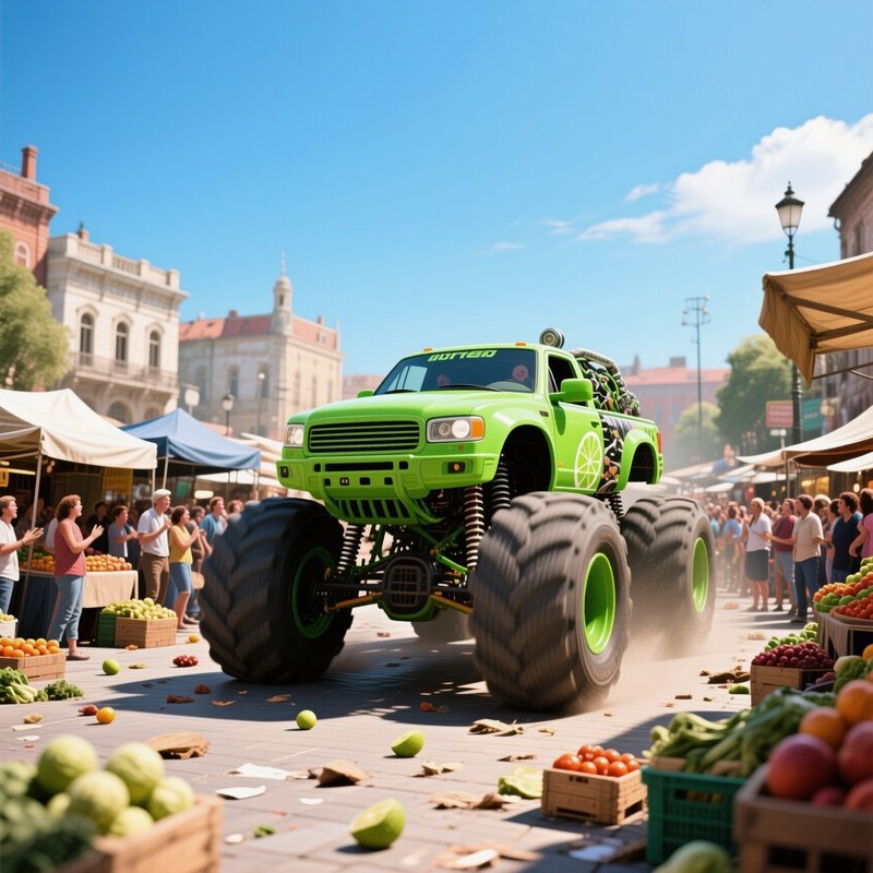 A Lime Green Monster Truck Drives Through A Bustling Market Square At Midday, Vendors' Stalls