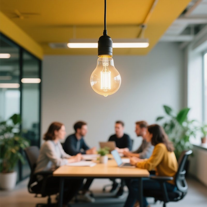 A Lit Light Bulb Hanging In The Foreground Creativity