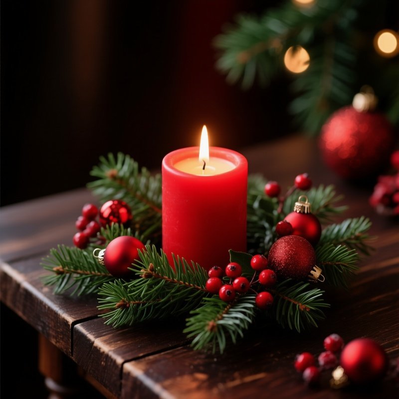 A Lit Red Candle Surrounded By Christmas Decorations Christmas