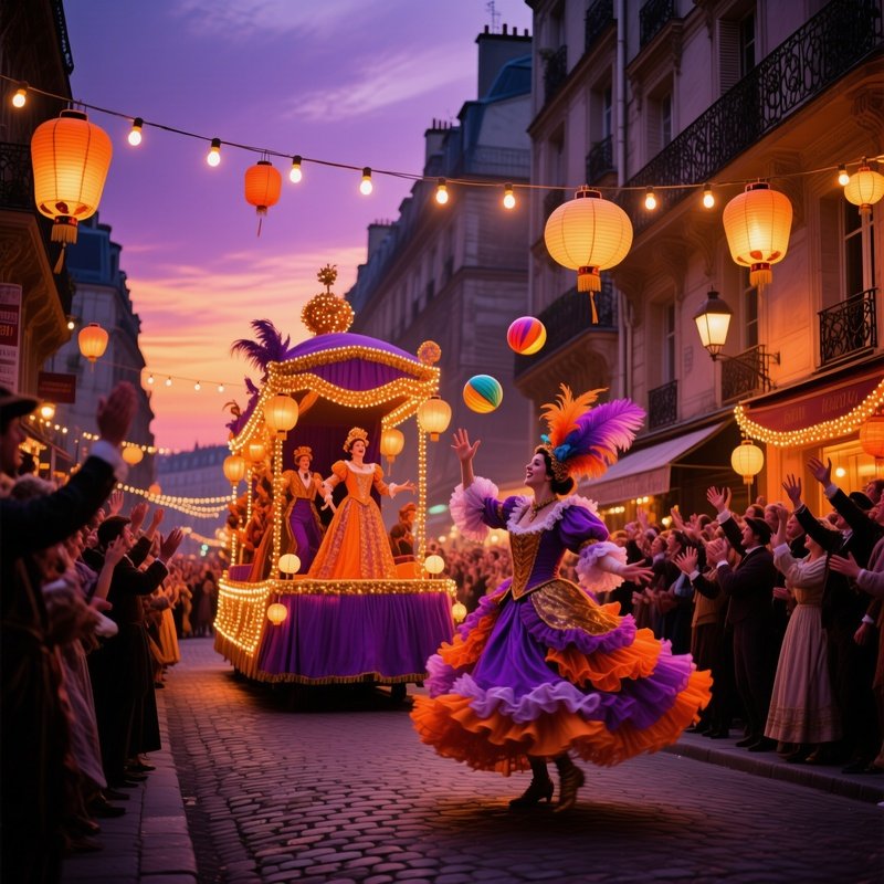A Lively 19Th Century Parisian Street Carnival At Dusk