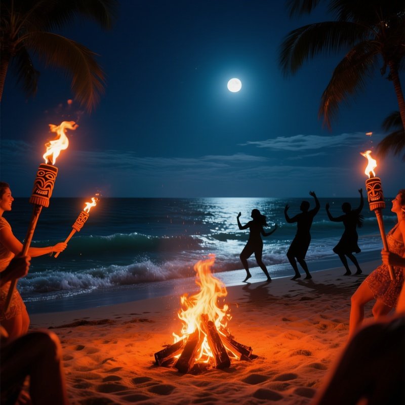 A Lively Beach Bonfire Party In Miami At Night, Tiki Torches Casting Orange Glow, Waves Gently