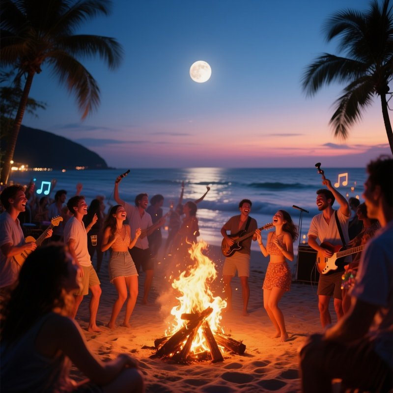 A Lively Beach Party At Dusk, With Bonfires Casting Flickering Light On Laughing People, The Sound