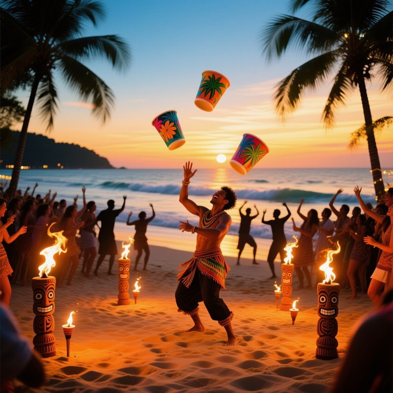 A Lively Beach Party In Thailand At Sunset Tiki Torches Lighting Up A Sand Covered Area Where A