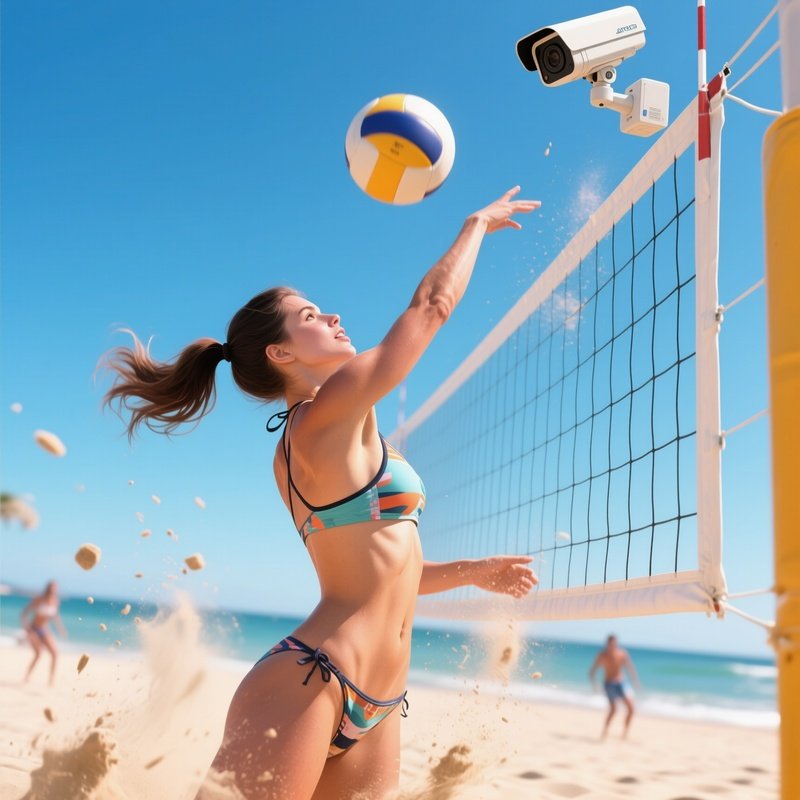 A Lively Beach Volleyball Match At Noon, A Athletic Model In A Sports Bikini Top That Leaves Her