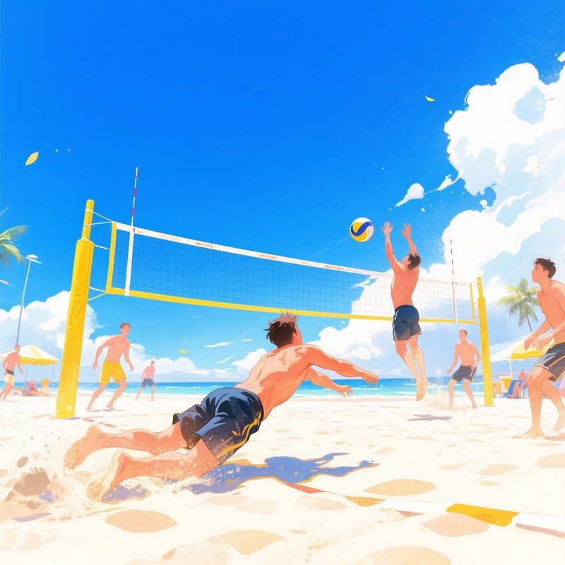 A Lively Beach Volleyball Tournament At Midday, Players Diving Into Sand, Watercolor Bright Blues,
