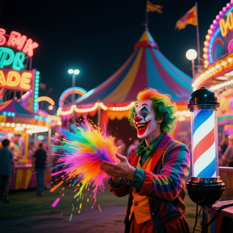 A Lively Carnival Midway At Night, Neon Signs Flashing; A Clown Receives A Colorful Fade With