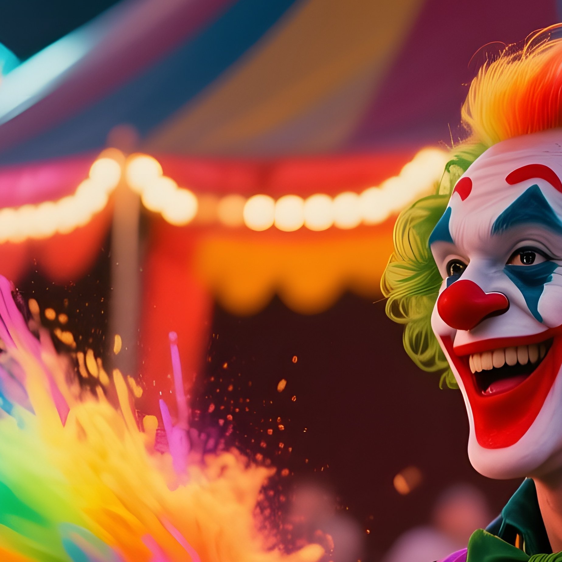 A Lively Carnival Midway At Night, Neon Signs Flashing; A Clown Receives A Colorful Fade With - Full Resolution Quality Preview
