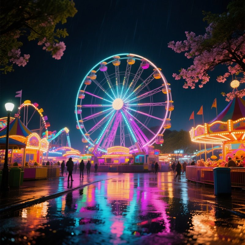 A Lively Carnival Night In Late Spring, Ferris Wheel Illuminated Against Dark Sky, Colorful Lights