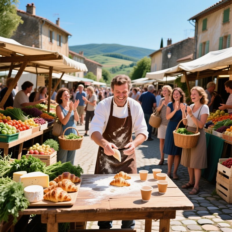 A Lively Farmers Market In Rural France At Midday