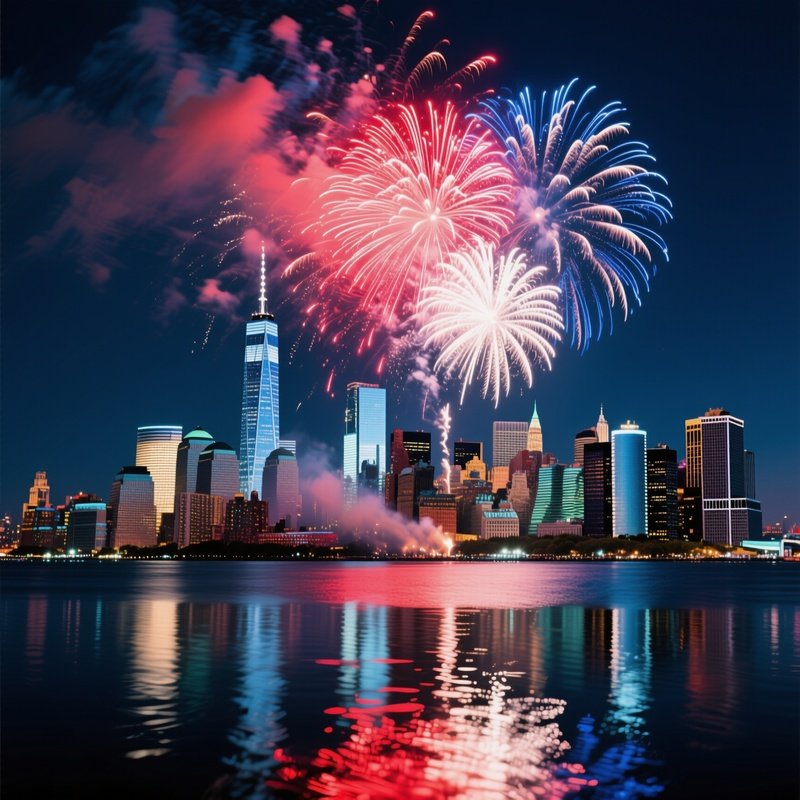 A Lively Fourth Of July Fireworks Display Over The Hudson River, Bursts Of Red, White, And Blue