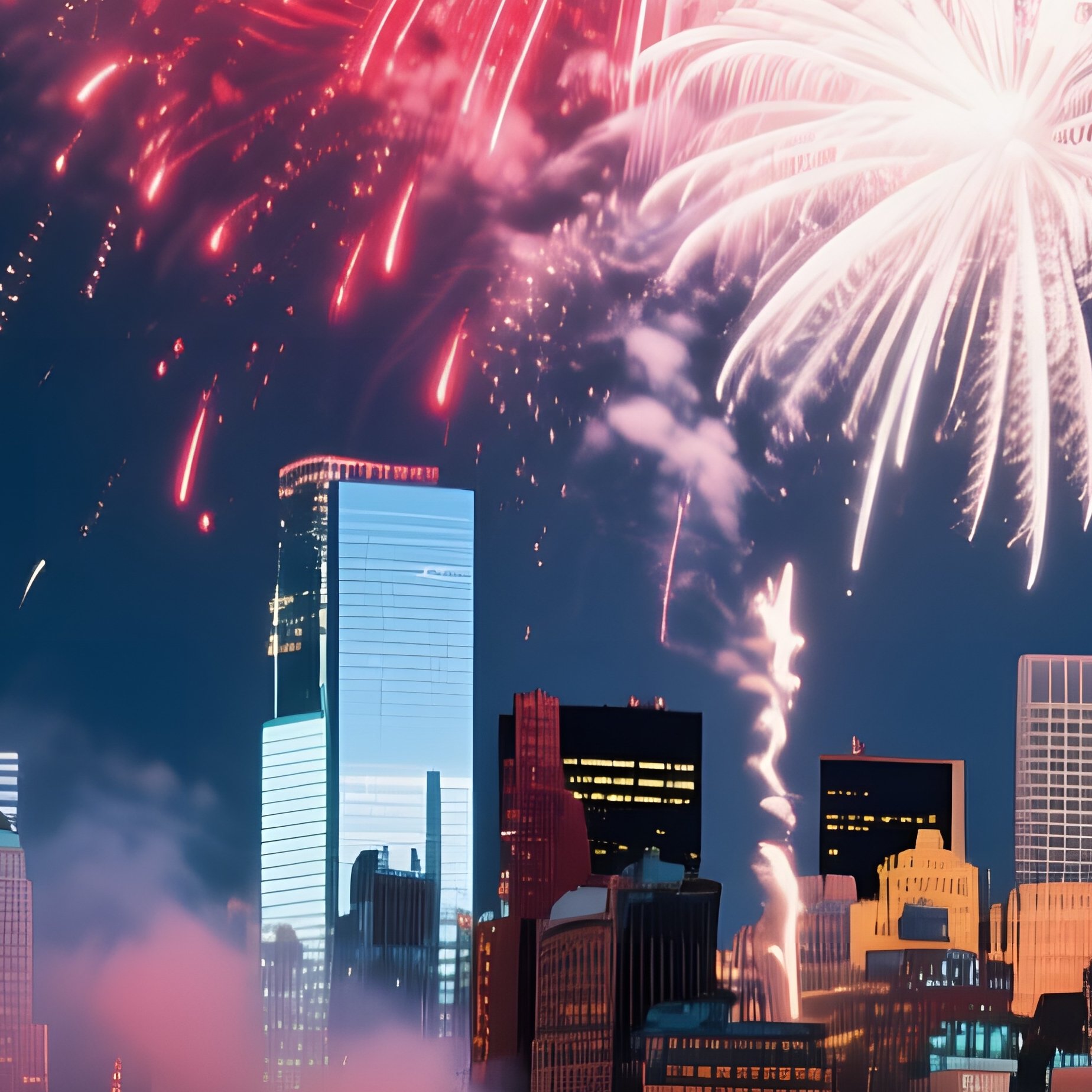 A Lively Fourth Of July Fireworks Display Over The Hudson River, Bursts Of Red, White, And Blue - Full Resolution Quality Preview