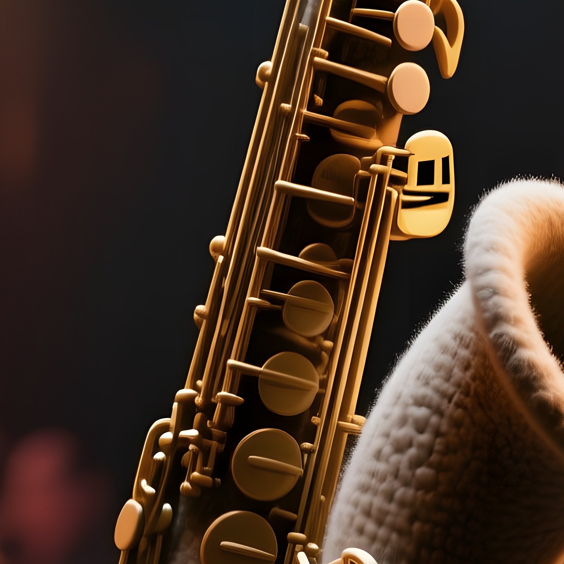 A Lively Jazz Club At Night, Illuminated By Low Amber Lights, With A Wool Saxophone Sculpture - Full Resolution Quality Preview