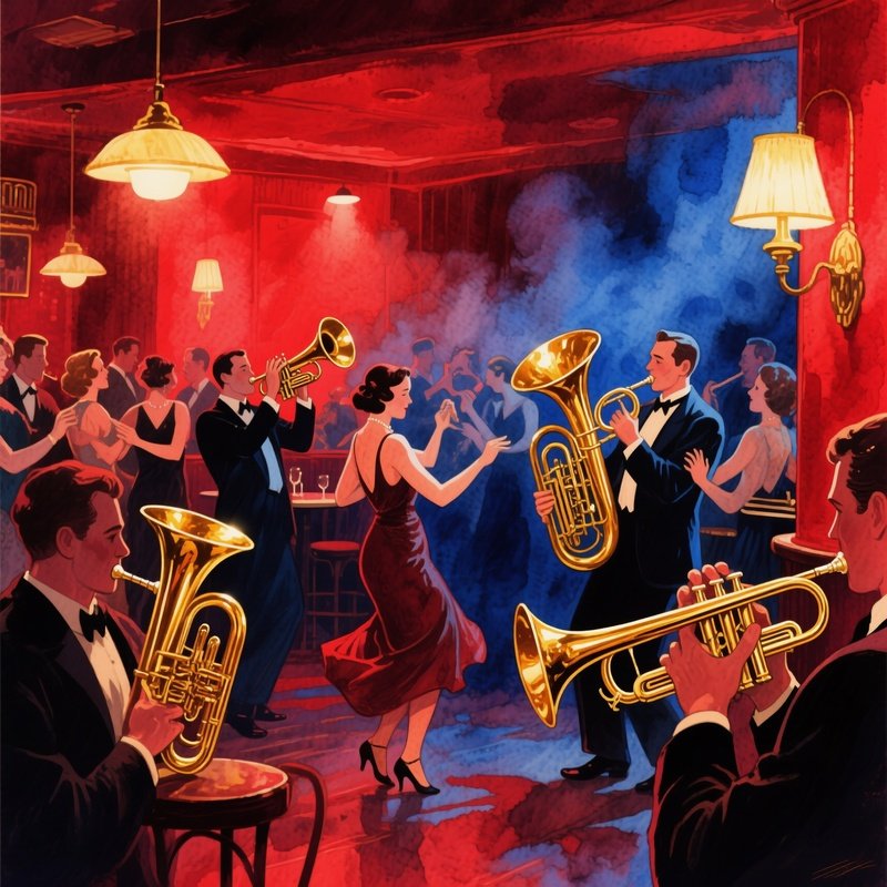 A Lively Jazz Club Interior In The 1920S Smoky Atmosphere Watercolor Reds And Deep Blues Brass