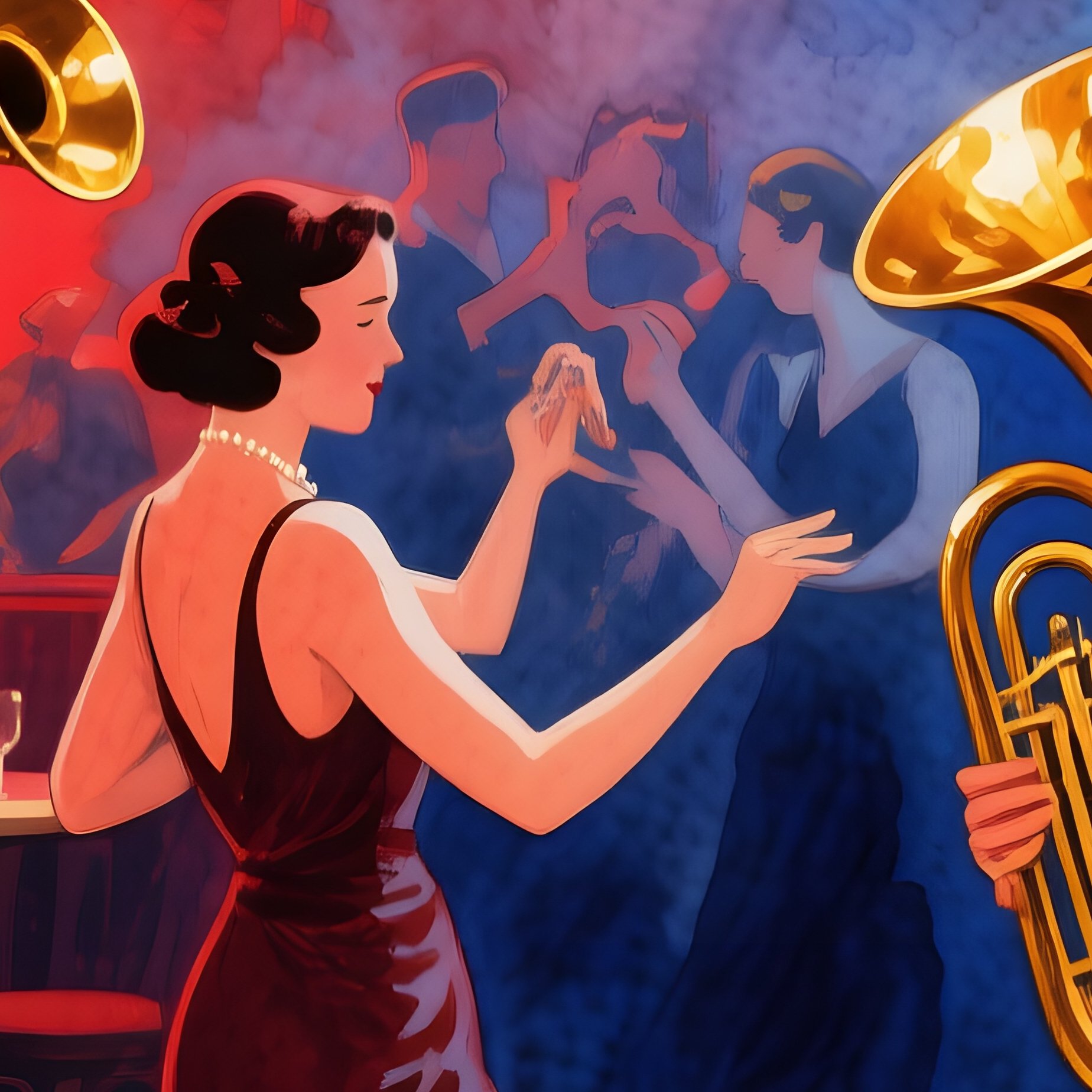 A Lively Jazz Club Interior In The 1920S Smoky Atmosphere Watercolor Reds And Deep Blues Brass - Full Resolution Quality Preview