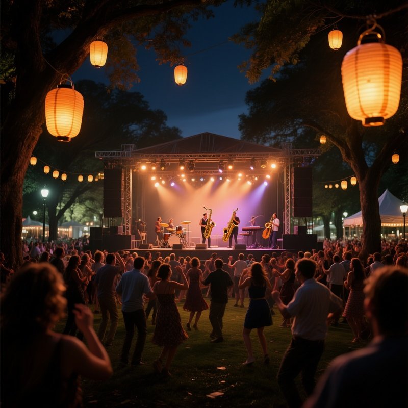 A Lively Jazz Festival In New Orleans’ Park At Night, Stage Illuminated With Warm Lights, Audience