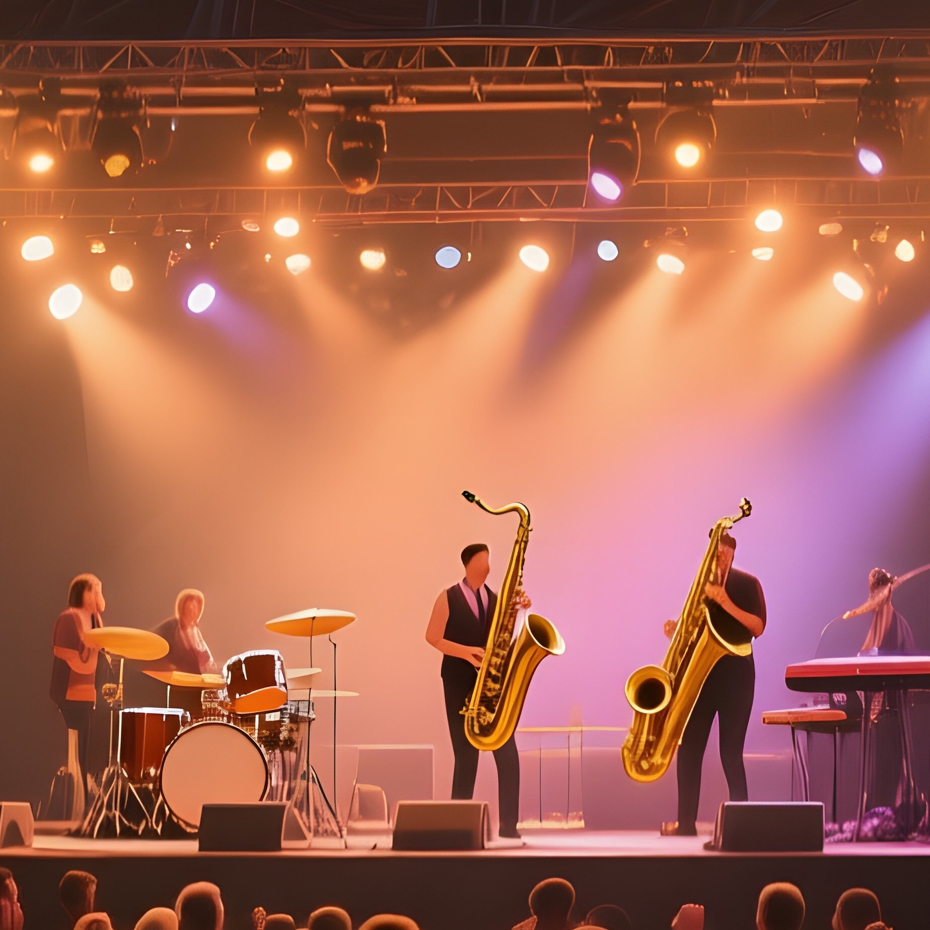 A Lively Jazz Festival In New Orleans’ Park At Night, Stage Illuminated With Warm Lights, Audience - Full Resolution Quality Preview