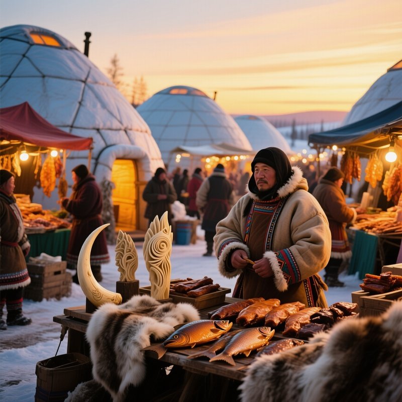A Lively Market Scene Where Inuit Traders Display Carved Ivory, Furs, And Smoked Fish In Front Of