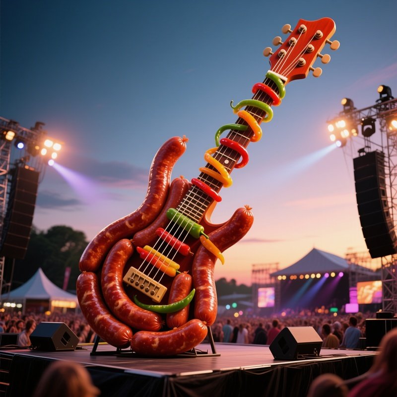 A Lively Music Festival At Dusk With Stage Lights, Featuring A Giant Guitar Made Of Curved Sausage