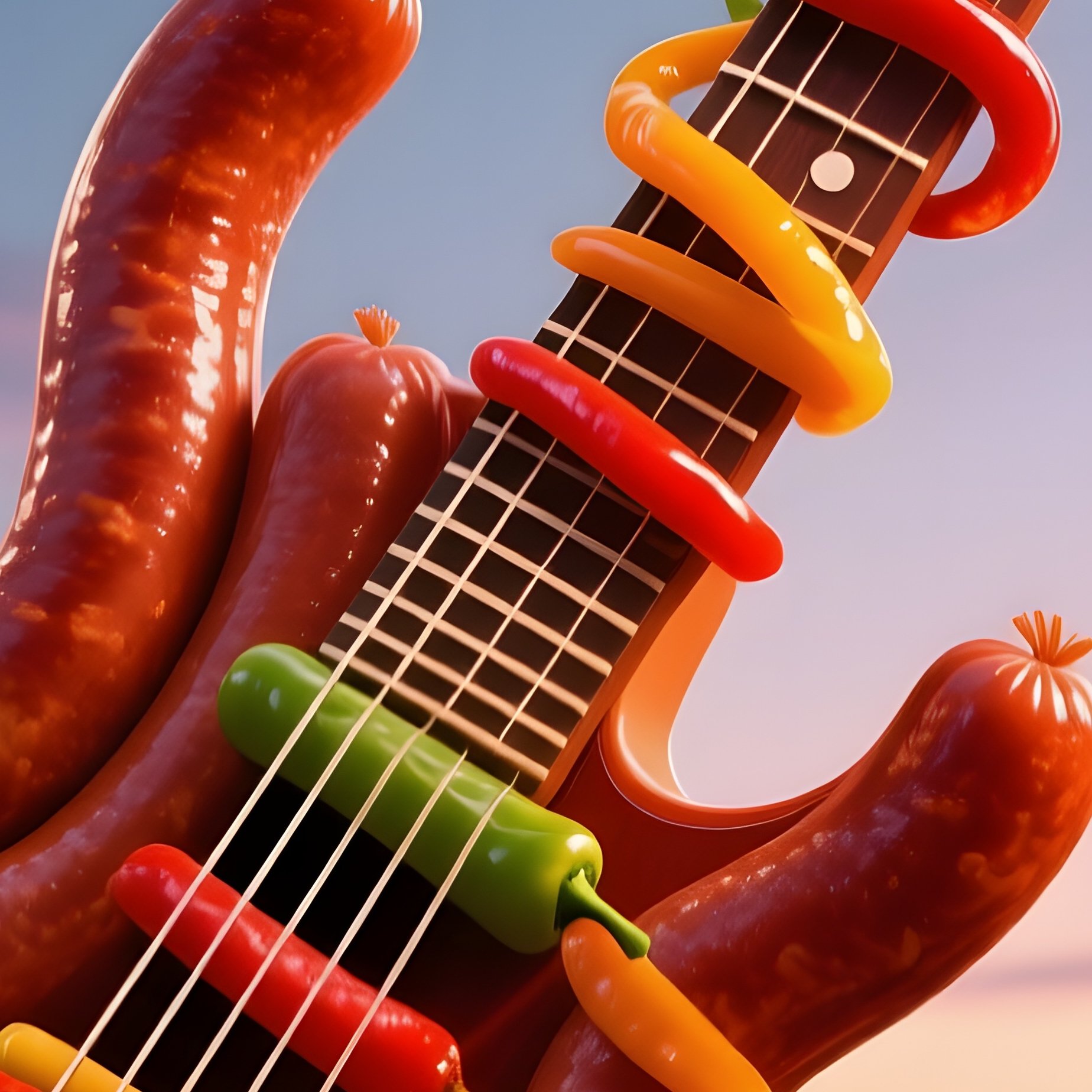 A Lively Music Festival At Dusk With Stage Lights, Featuring A Giant Guitar Made Of Curved Sausage - Full Resolution Quality Preview