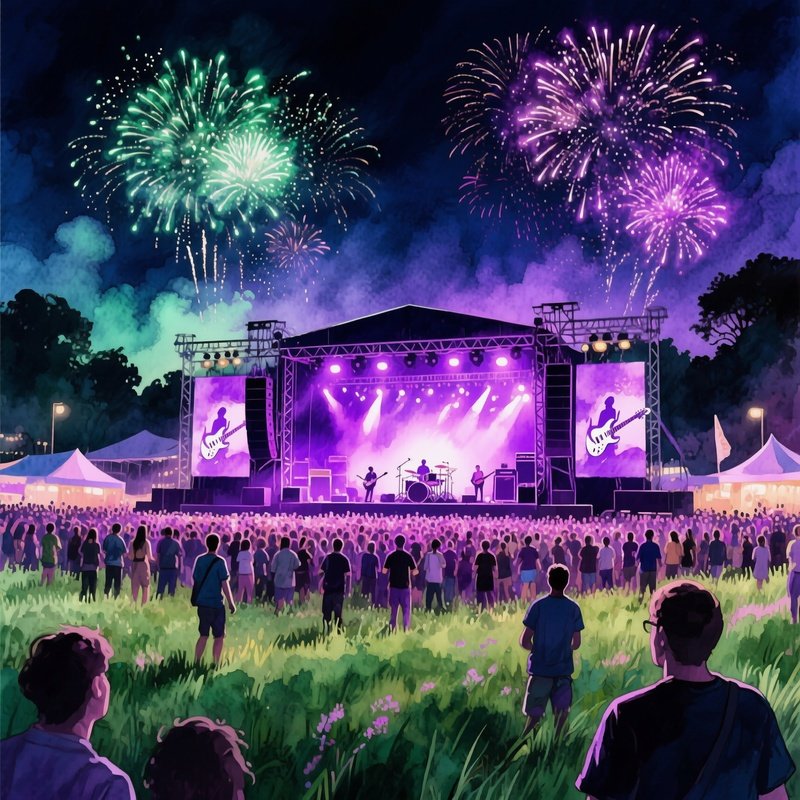 A Lively Music Festival In A Meadow At Night, Stage Lights Bathing Crowd, Watercolor Electric